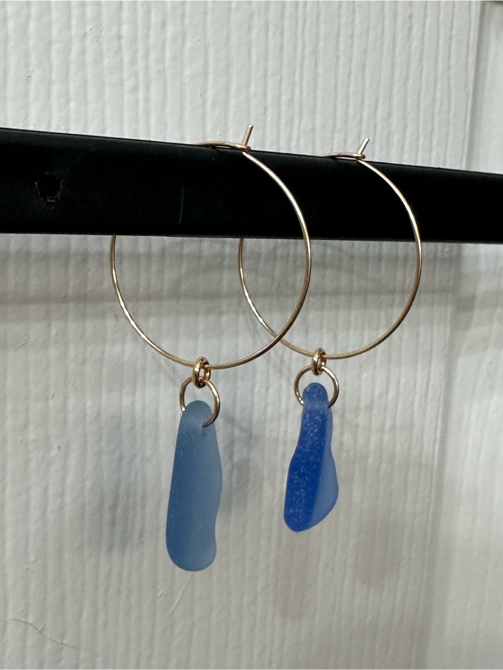 14k Gold-Filled Earrings Hoops Blue Seaglass Beachy Handmade 2” NWOT
